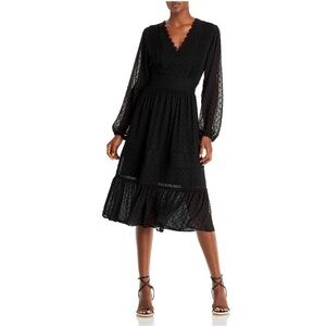 •AQUA• Black Swiss Dot A-Line Long Sleeve Midi Dress Size M Scallop V-Neck
